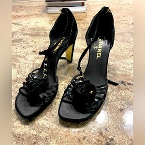 chanel black camellia velvet flower heels